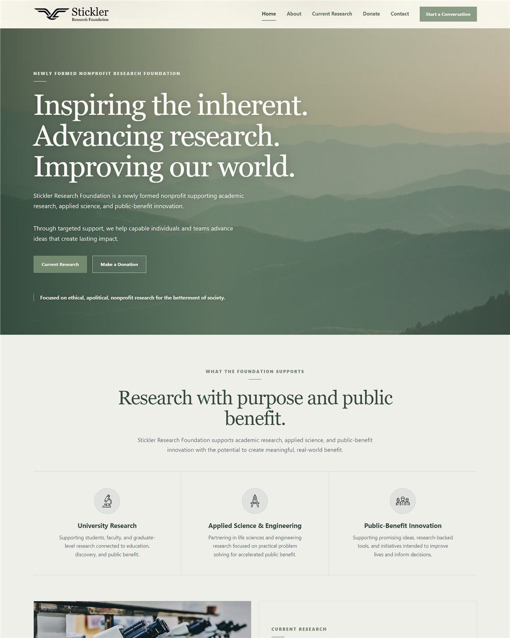 Stickler Research Foundation homepage design